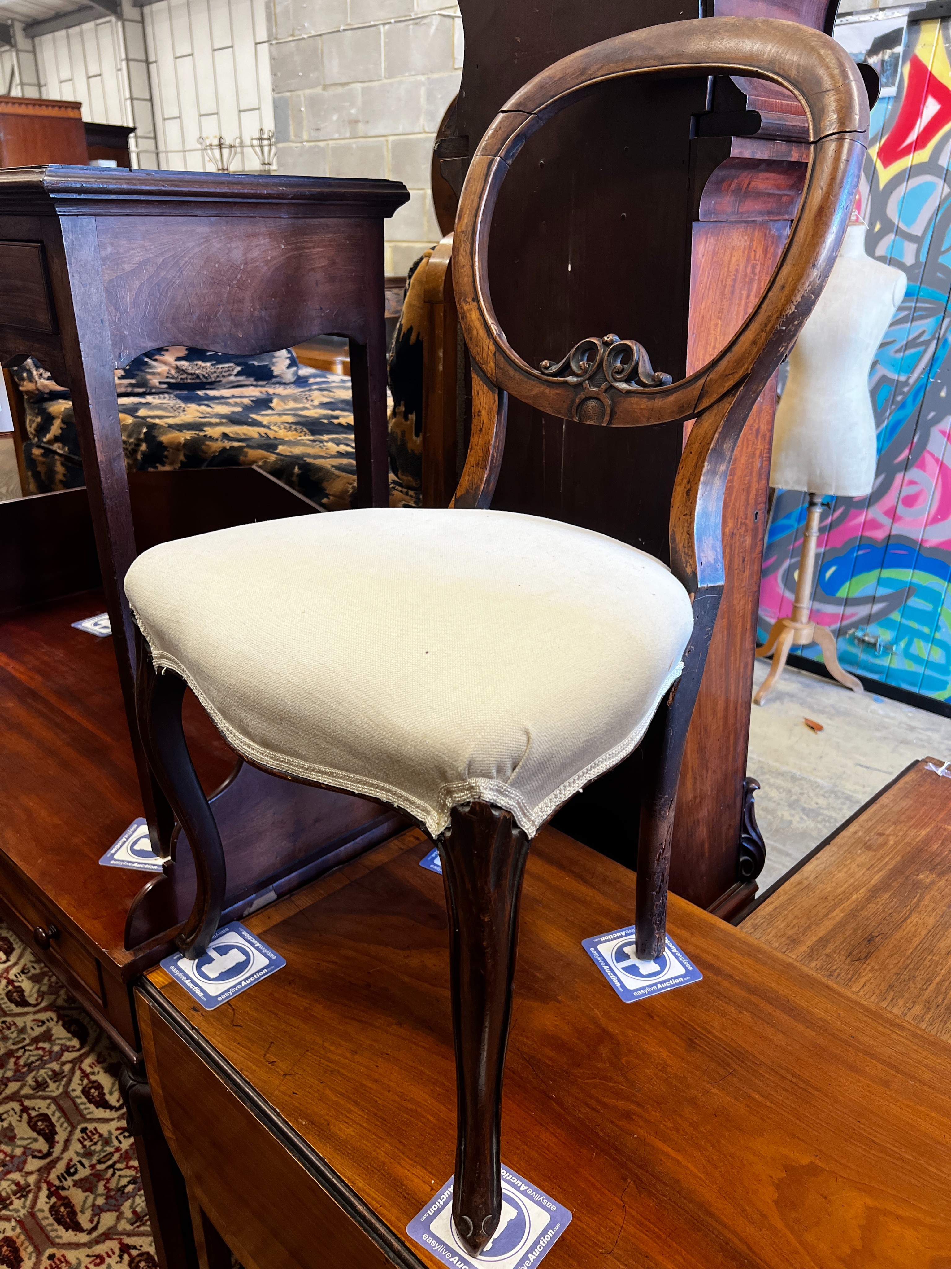 An early 19th century mahogany side table, width 76cm, depth 44cm, height 73cm together with a Victorian balloon back dining chair